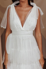 My Fair Lady Bow Shoulder Pearl Maxi Dress White