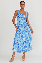 Provence Bloom Tiered Floral Maxi Dress Blue