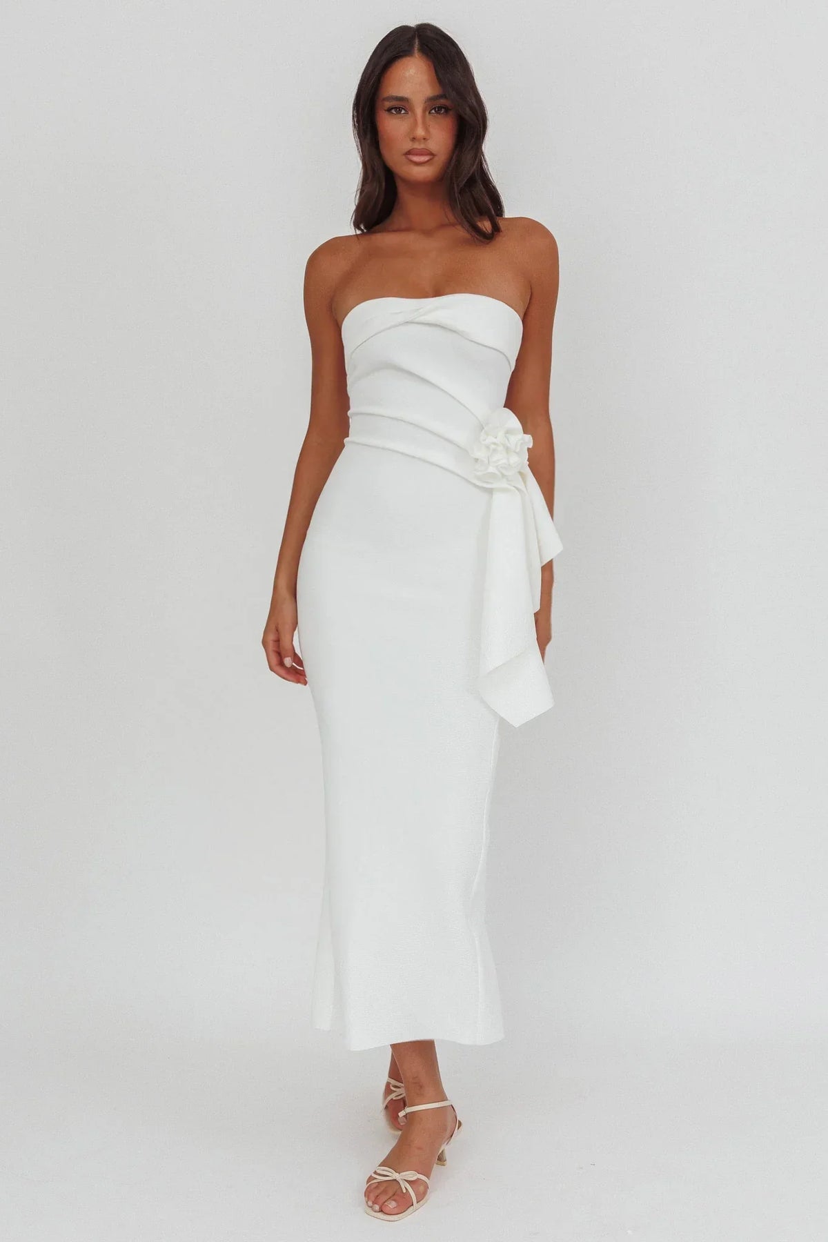 Sasha Cascade Ruffle Rosette Midi Dress White